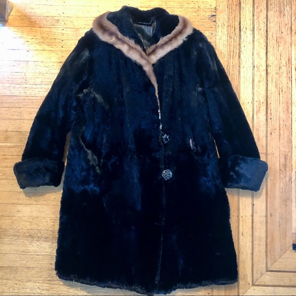 VINTAGE 40’s 50’s BLACK FUR COAT WITH MINK COLLAR - Picture 1 of 8